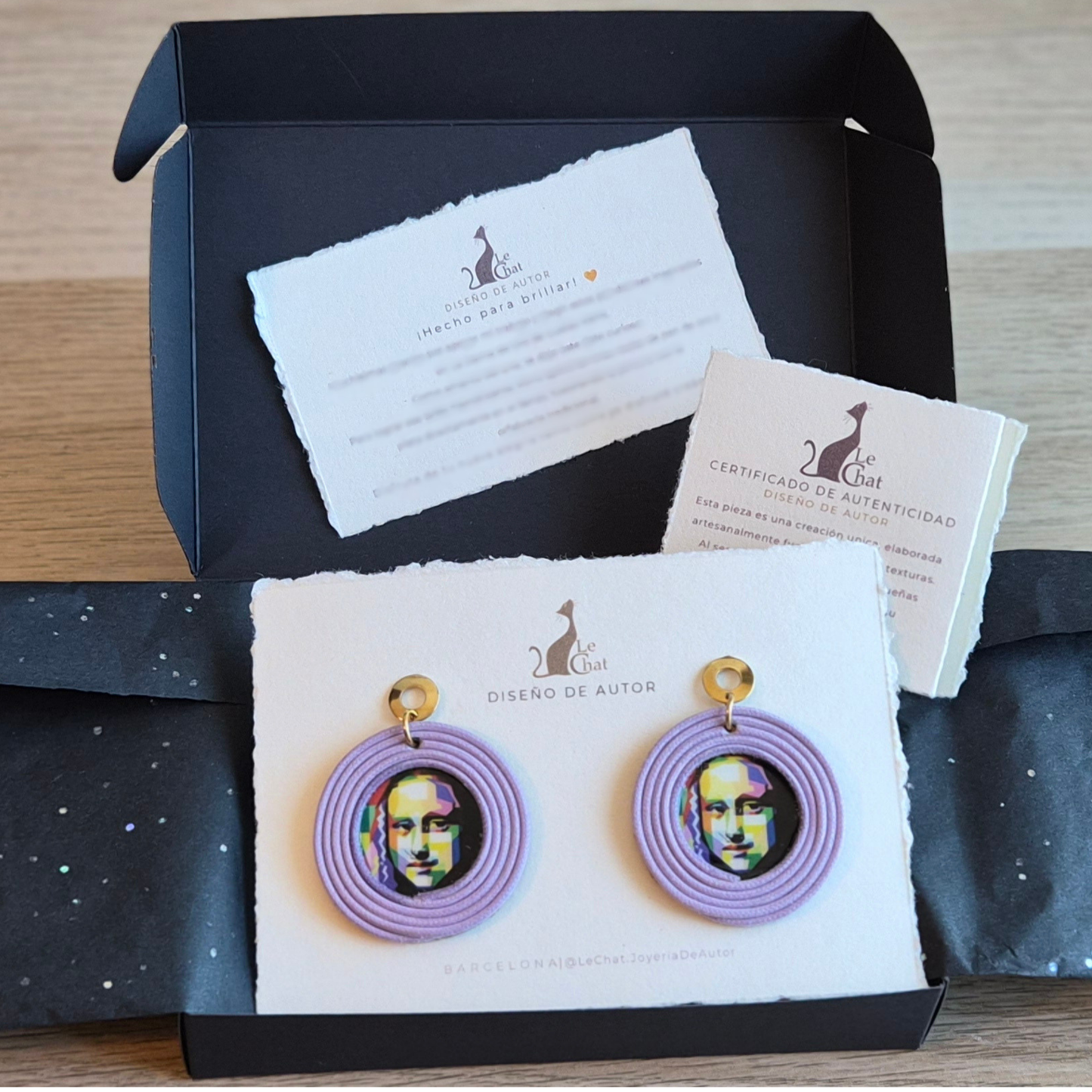 Pendientes Mona Lisa Pop Art – Lila (Pieza Única)