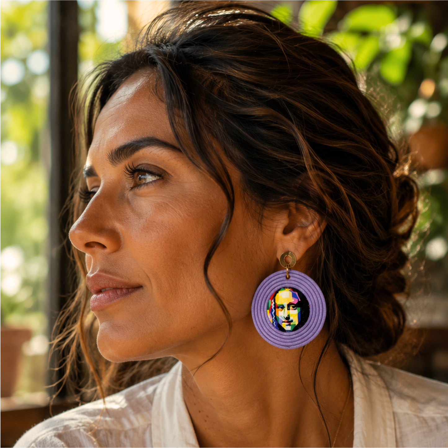 Pendientes Mona Lisa Pop Art – Lila (Pieza Única)
