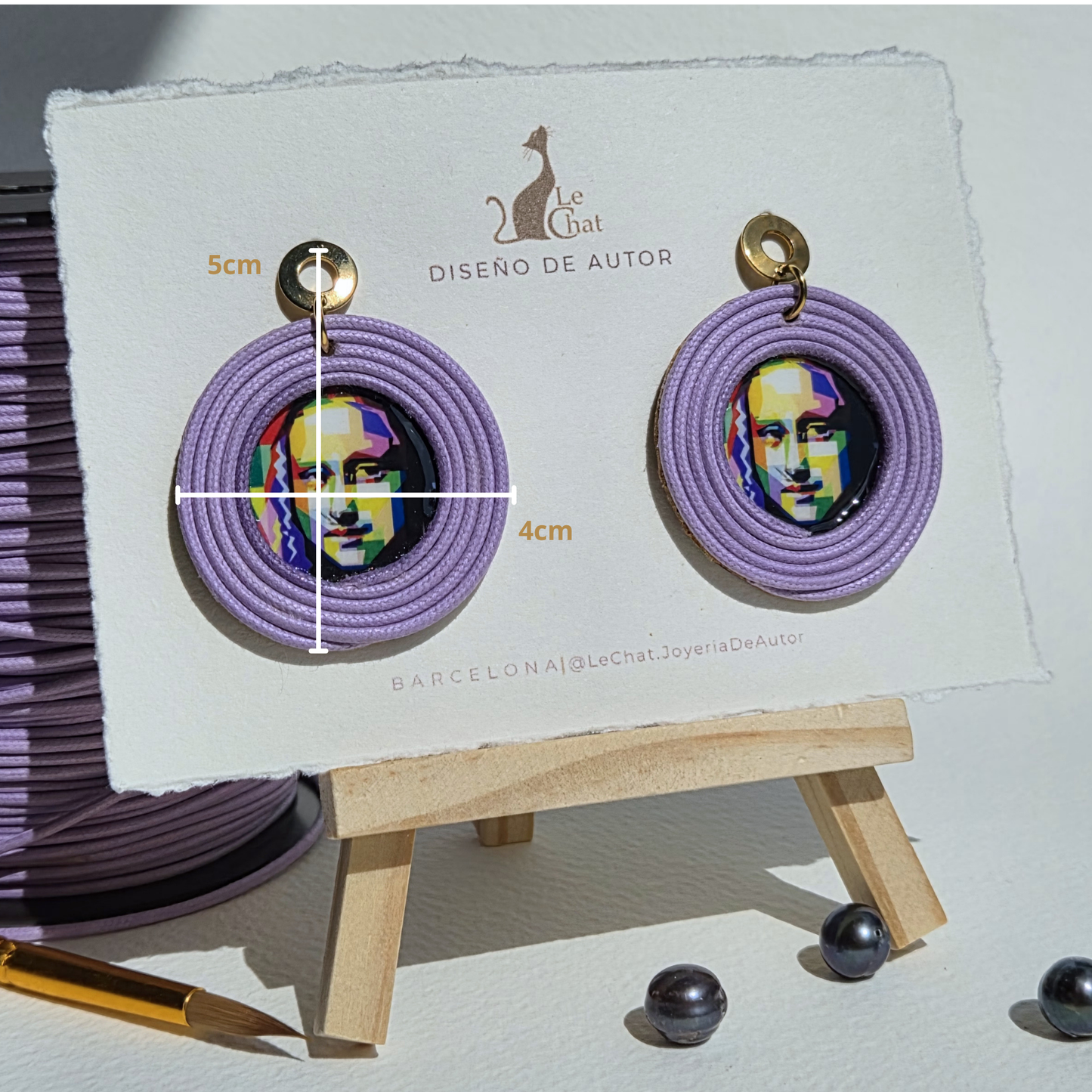 Pendientes Mona Lisa Pop Art – Lila (Pieza Única)