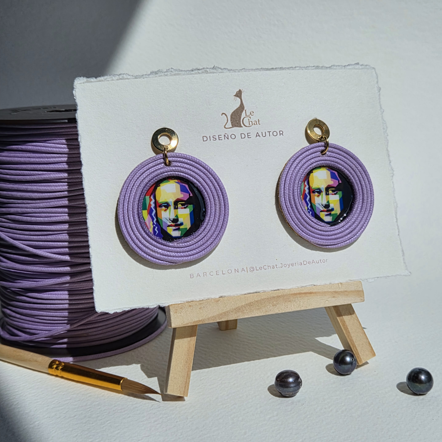 Pendientes Mona Lisa Pop Art – Lila (Pieza Única)