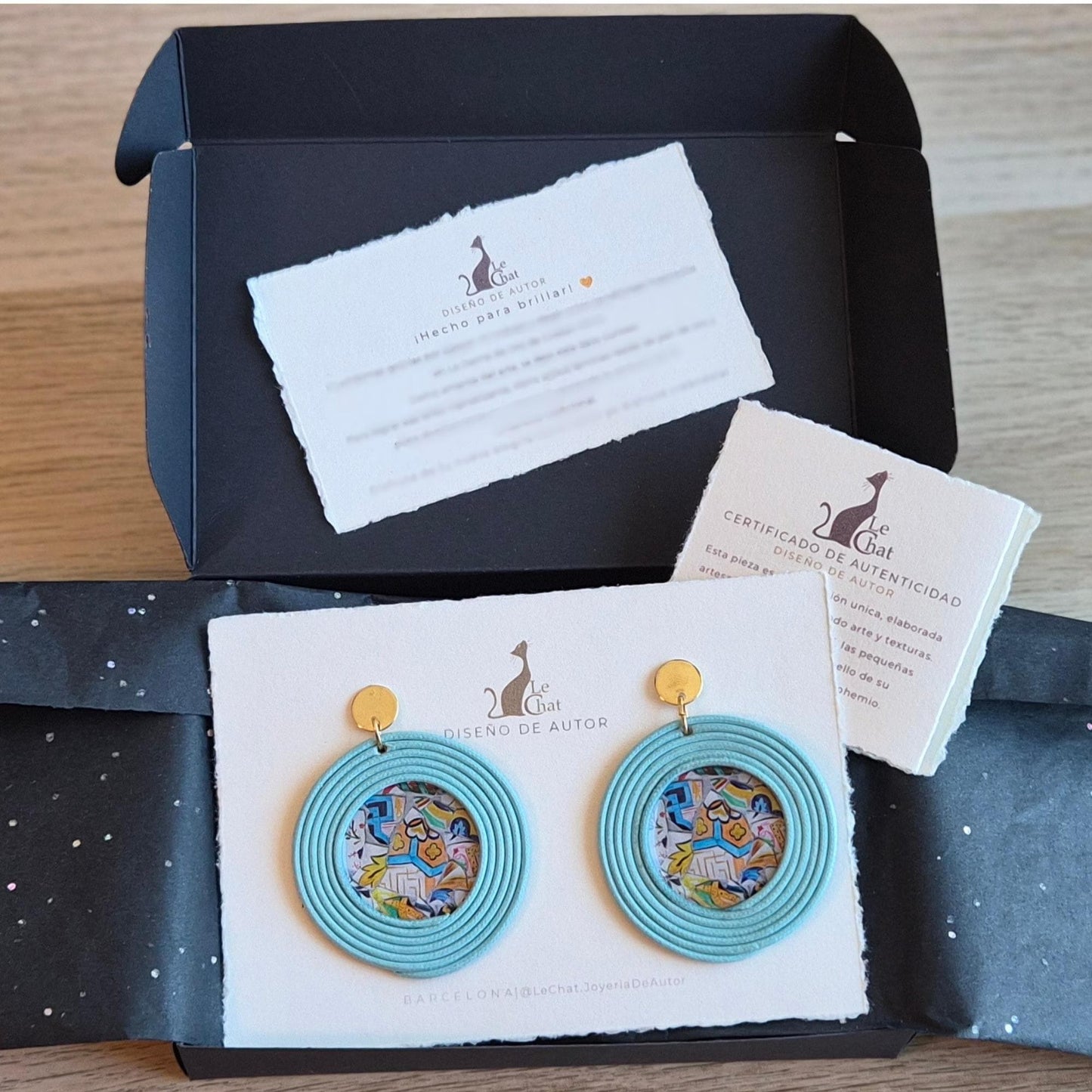 Pendientes Trencadís Gaudí Joyería de Autor en Algodón Azul Aguamarina Grandes y Resina Edición Limitada 30 con Certificado de Autenticidad