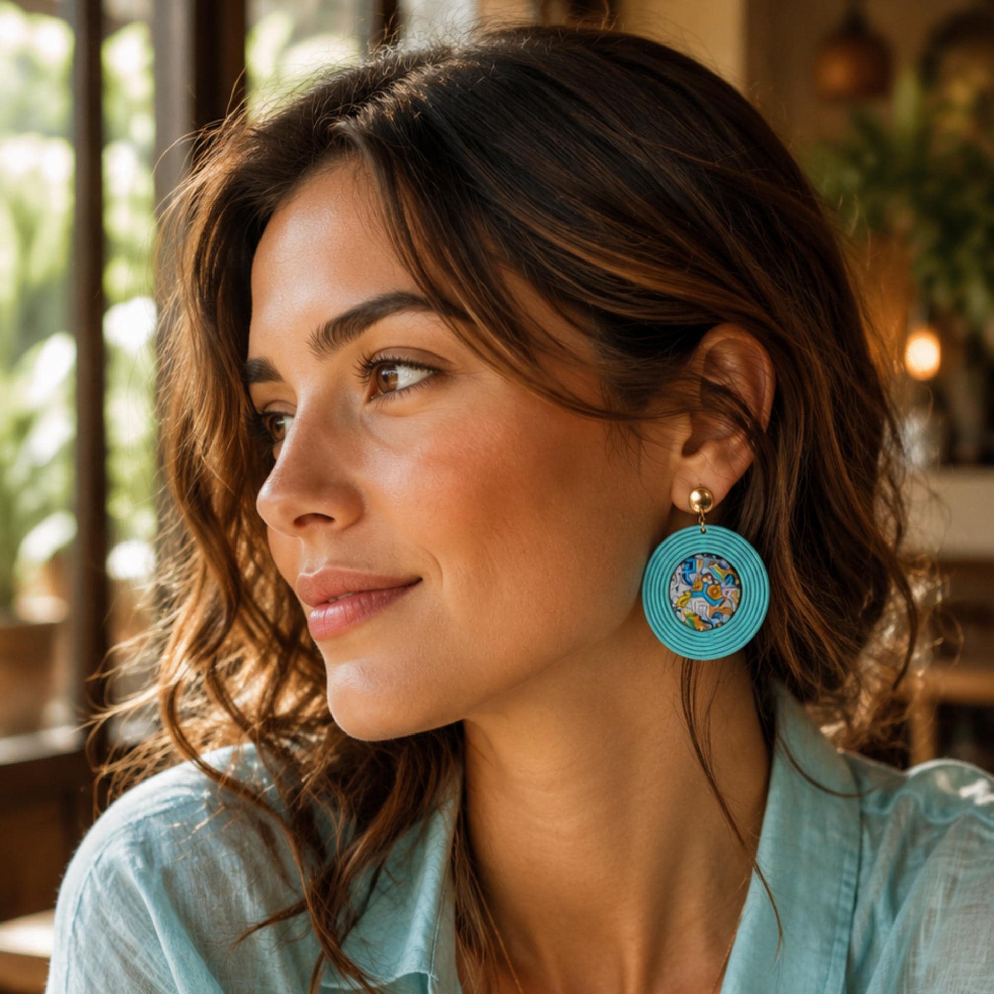 Pendientes Trencadís Gaudí Joyería de Autor en Algodón Azul Aguamarina Grandes y Resina Edición Limitada 30 con Certificado de Autenticidad