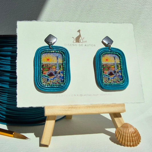 Pendientes Parque Güell Joyería de Autor Rectangulares Algodón Turquesa y Resina Pieza Única con Certificado de Autenticidad
