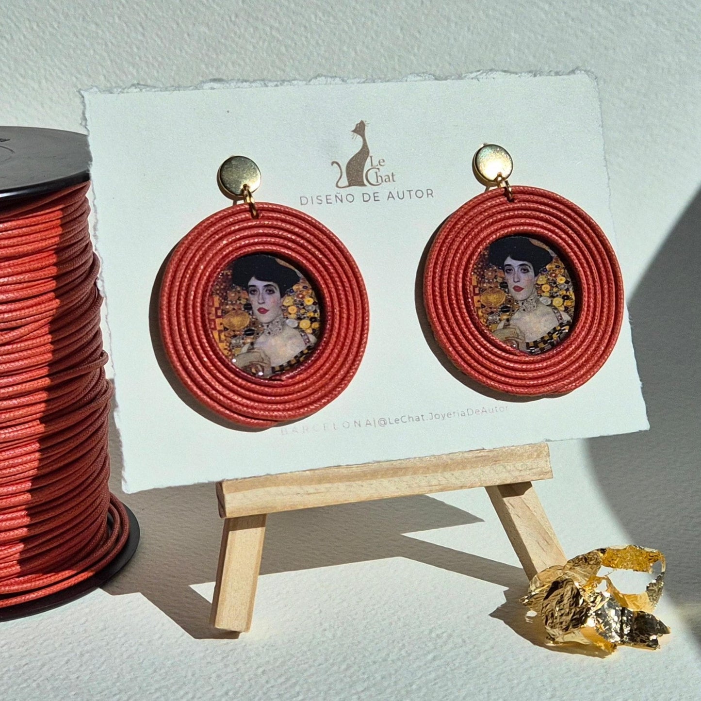 Pendientes Gustav Klimt Joyería de Autor en Algodón Siena Tostado Grandes y Resina Edición Limitada 30 con Certificado de Autenticidad
