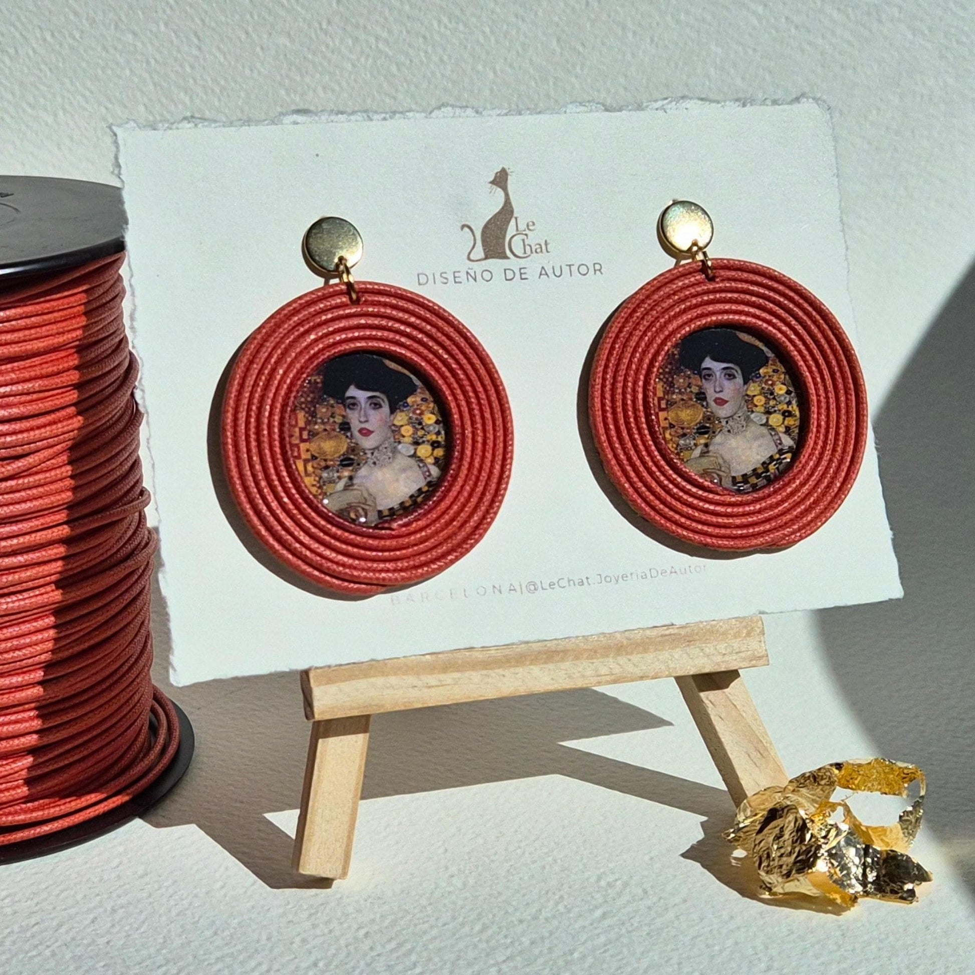Pendientes Gustav Klimt Joyería de Autor en Algodón Siena Tostado Grandes y Resina Edición Limitada 30 con Certificado de Autenticidad