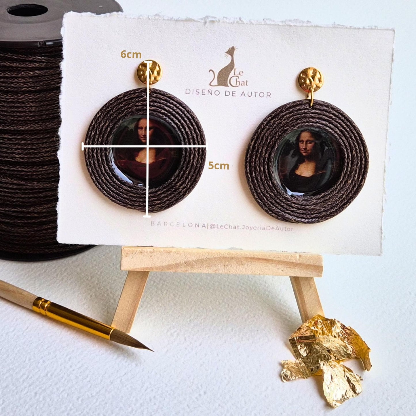 Pendientes Leonardo da Vinci Joyería de Autor Algodón Marrón Bicolor Grandes y Resina Edición Limitada 30 Certificado Autenticidad