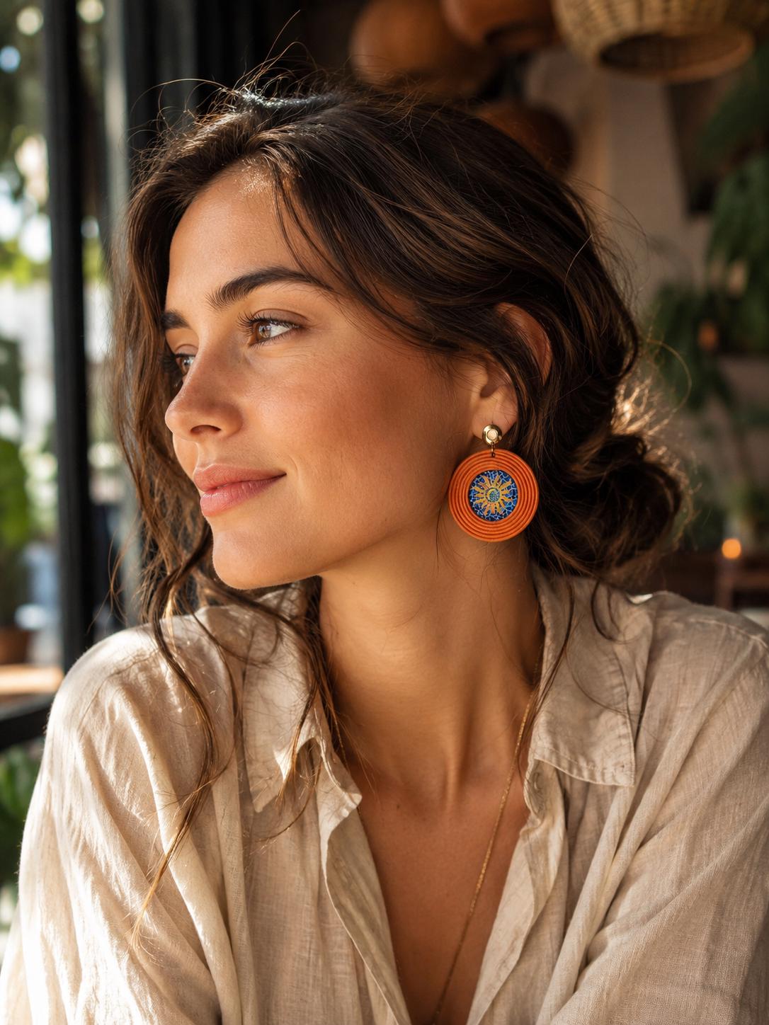Pendientes Naranjas Grandes Trencadís Gaudí Joyería de Autor en Algodón y Resina Diseño Arte Portable Regalo Cultural Edición Limitada de 30