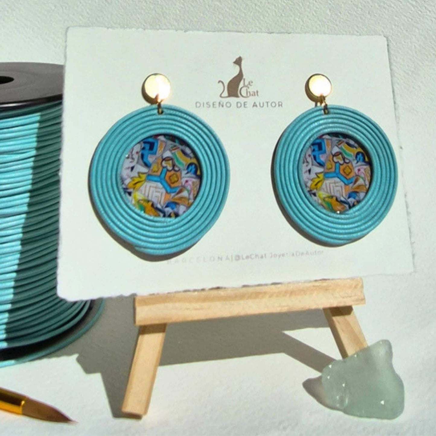 Pendientes Trencadís Gaudí Joyería de Autor en Algodón Azul Aguamarina Grandes y Resina Edición Limitada 30 con Certificado de Autenticidad