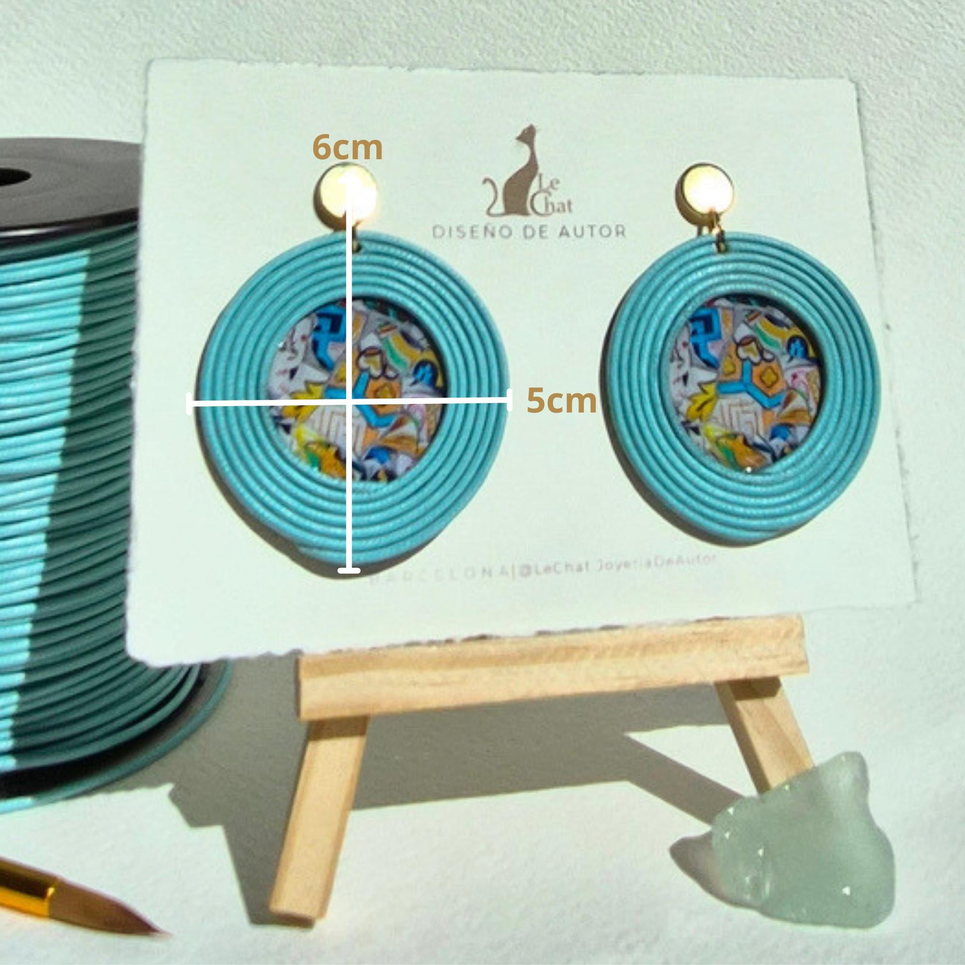 Pendientes Trencadís Gaudí Joyería de Autor en Algodón Azul Aguamarina Grandes y Resina Edición Limitada 30 con Certificado de Autenticidad