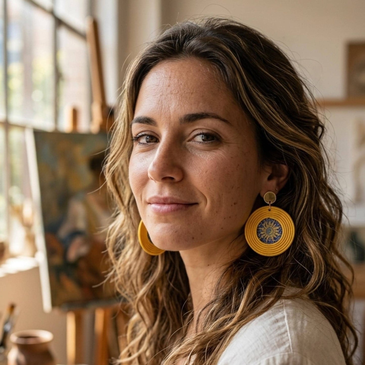 Pendientes Amarillos Grandes de Trencadís Gaudí Joyería de Autor en Algodón y Resina Edición Limitada de 30 con Certificado de Autenticidad