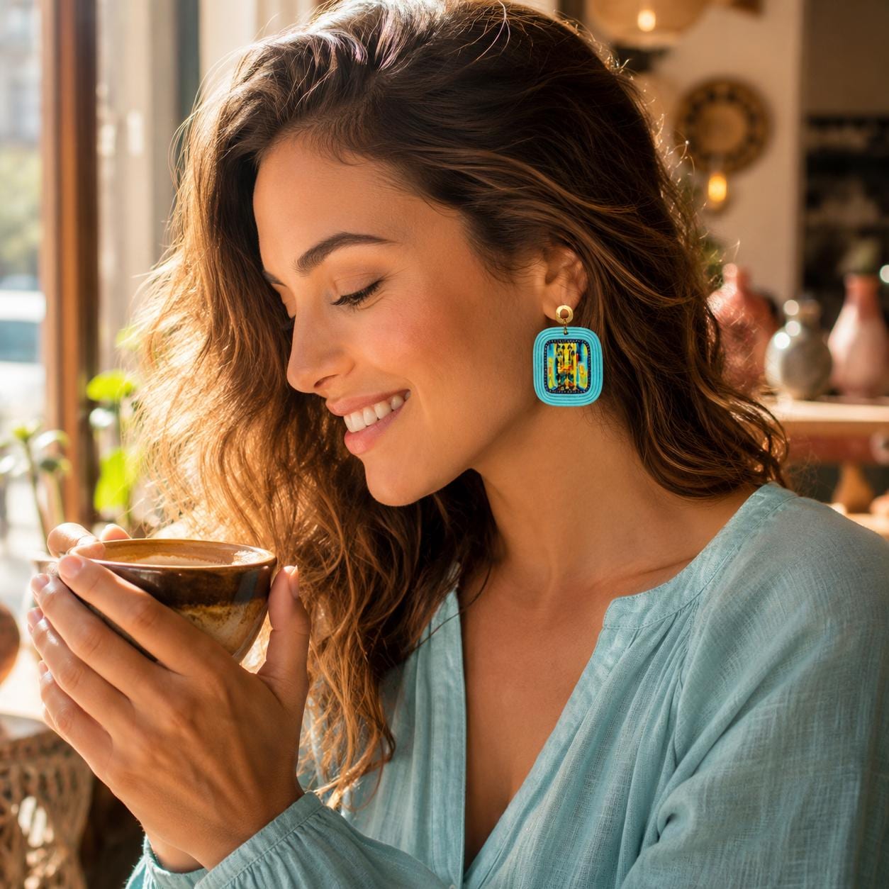 Pendientes Sagrada Familia Joyería de Autor Cuadrados en Algodón Azul Aguamarina y Resina Pieza Única con Certificado de Autenticidad