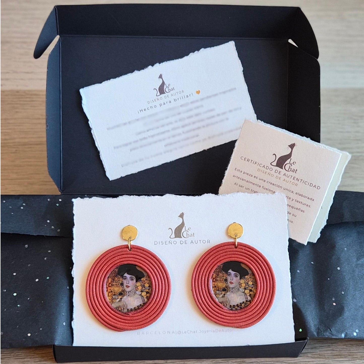 Pendientes Gustav Klimt Joyería de Autor en Algodón Siena Tostado Grandes y Resina Edición Limitada 30 con Certificado de Autenticidad