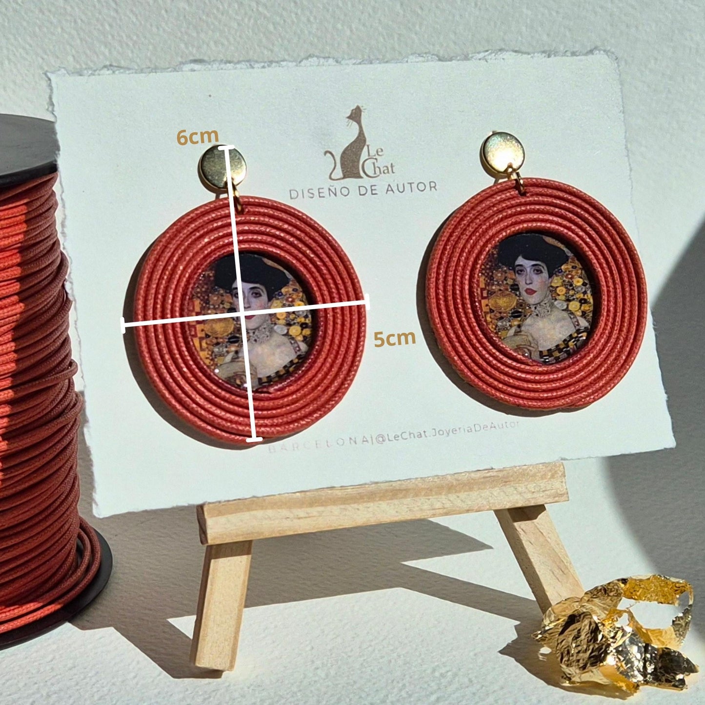Pendientes Gustav Klimt Joyería de Autor en Algodón Siena Tostado Grandes y Resina Edición Limitada 30 con Certificado de Autenticidad