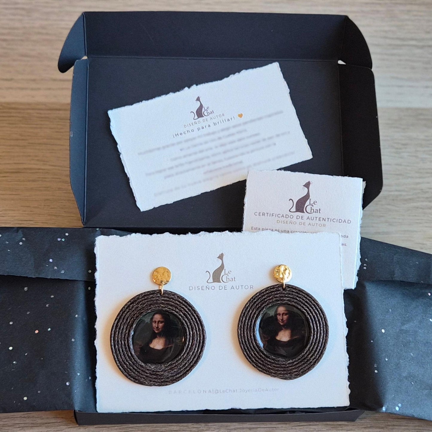 Pendientes Leonardo da Vinci Joyería de Autor Algodón Marrón Bicolor Grandes y Resina Edición Limitada 30 Certificado Autenticidad