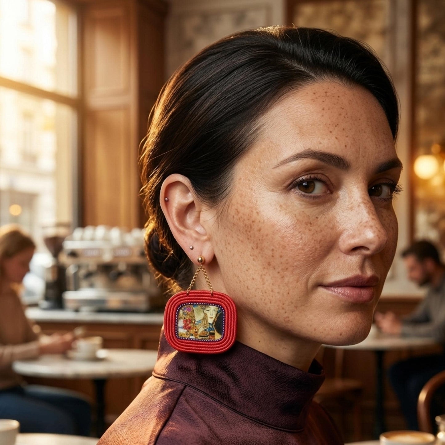 Pendientes Klimt Joyería de Autor Formato Galería Rojo y Resina Pieza Única Obra de Colección con Certificado de Autenticidad