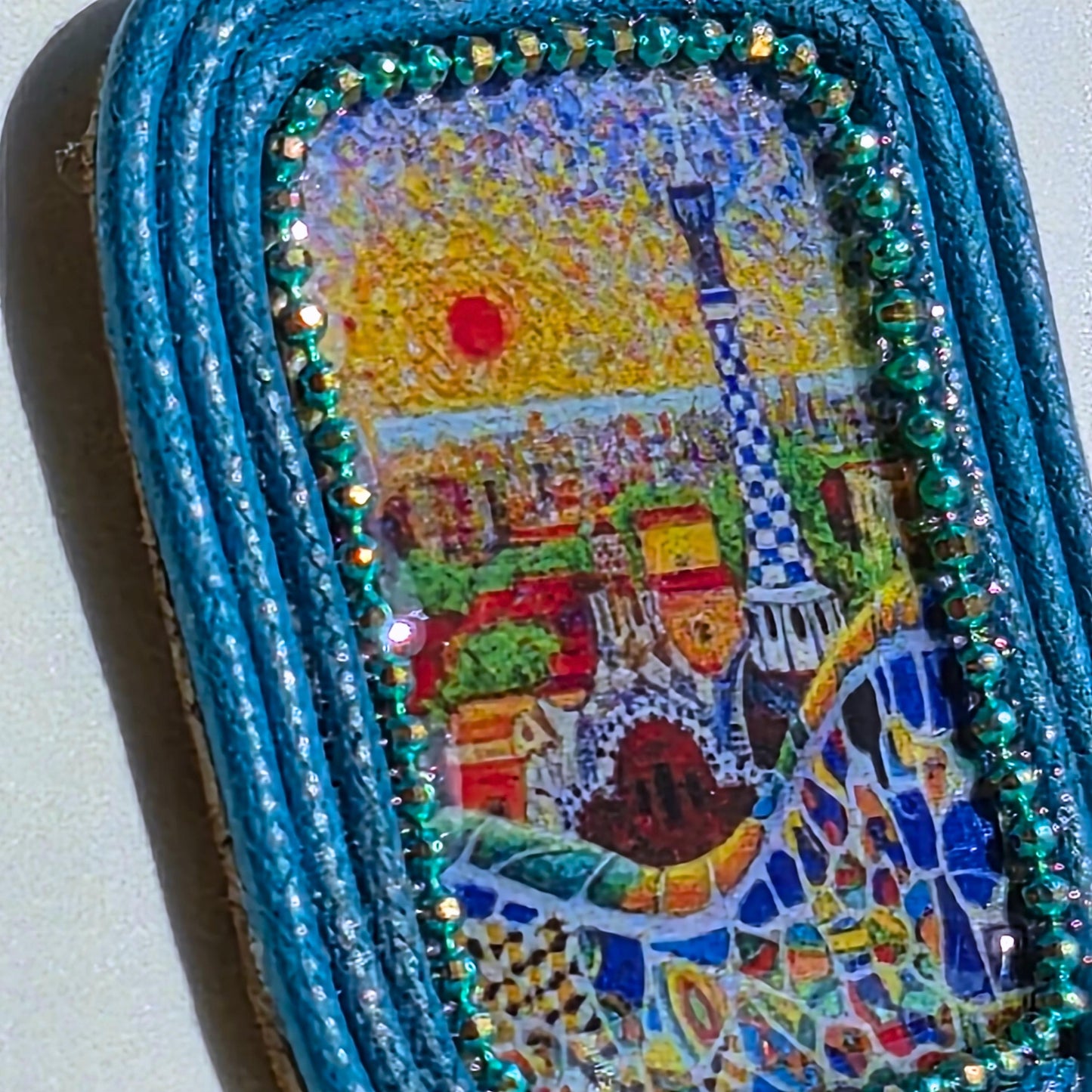 Pendientes Parque Güell Joyería de Autor Rectangulares Algodón Turquesa y Resina Pieza Única con Certificado de Autenticidad